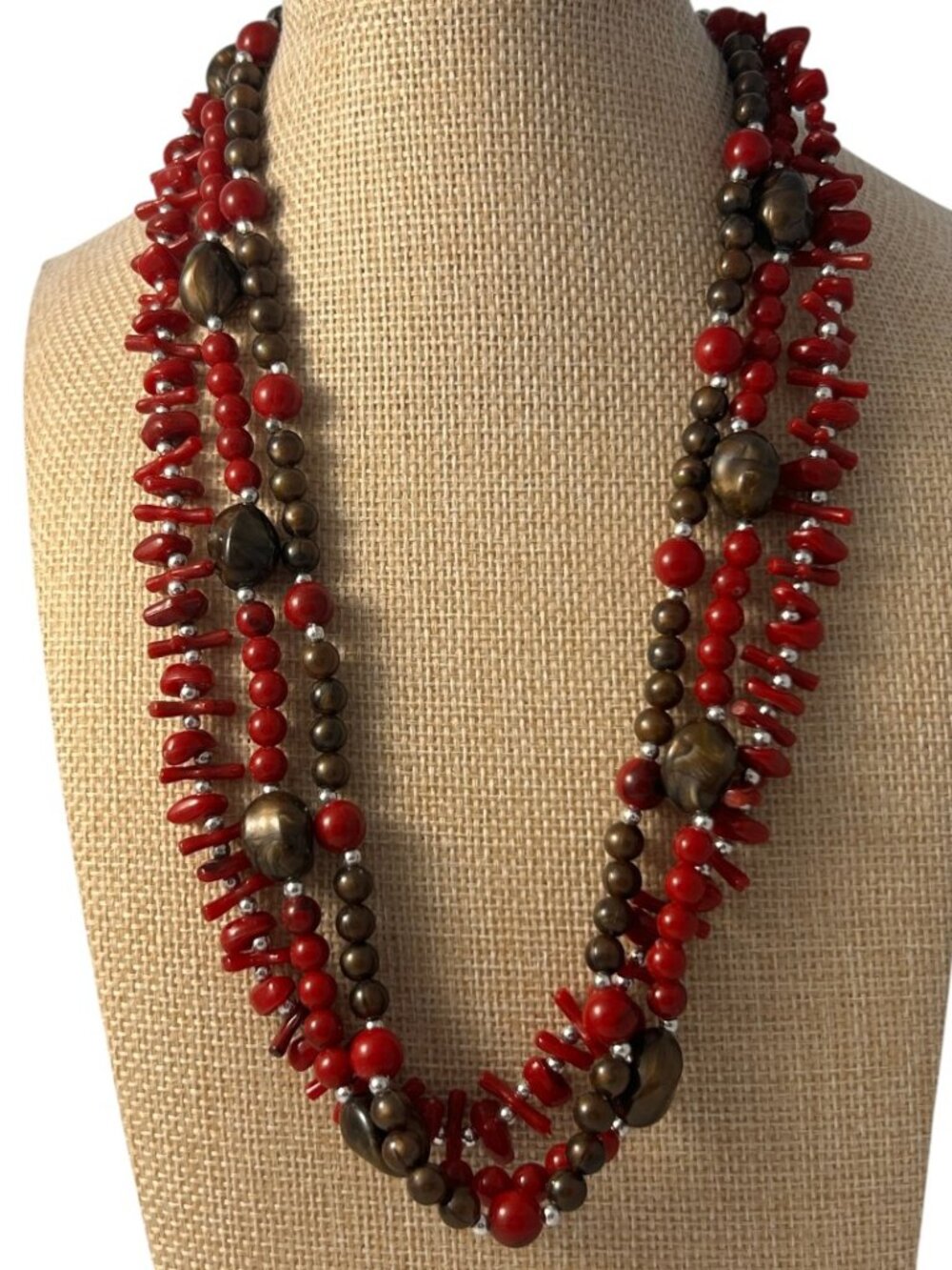 Red Brown Plastic Bead Multi Strand Statement Necklace Silver Tone Boho